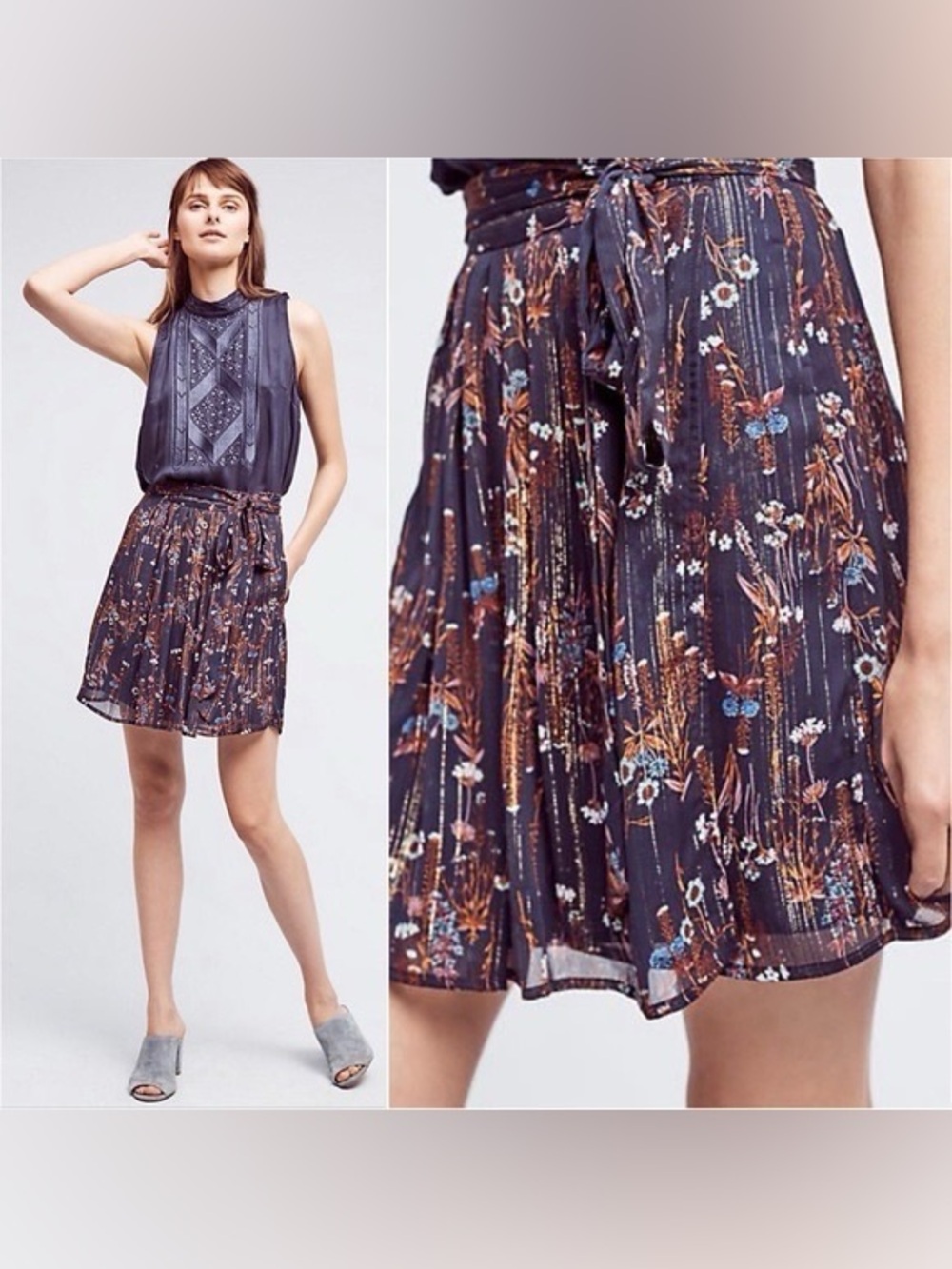 HD in Paris Anthropologie Loribella wrap mini navy blue metallic skirt